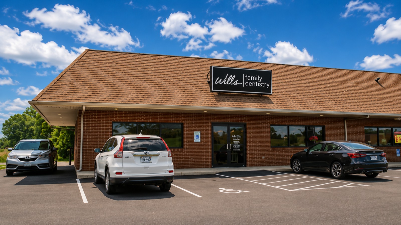 Angled view of the Willis & Associates Family Dentistry - Stuarts Draft building exterior on a clear day